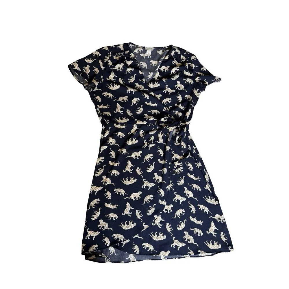J.Crew size 6 Women’s Navy Blue Leopard Print Short Sleeve Wrap Dress